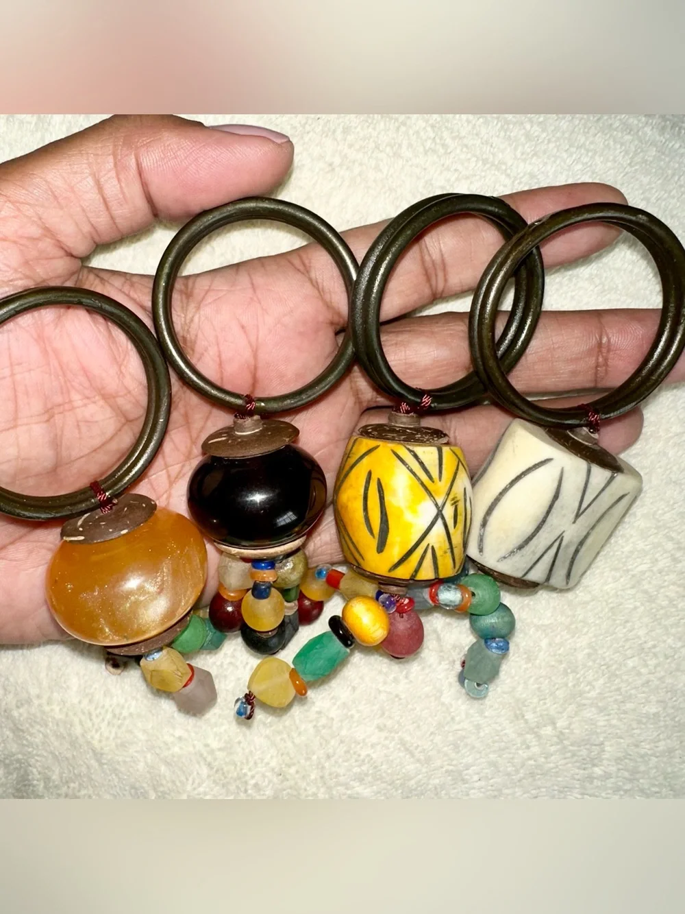 Pier 1 Vintage Beaded Napkin Rings Wood Bone Tribal Boho Table Decor Set of 4